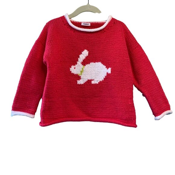 Pink Knit Bunny Sweater Girls 4 4T Cozy Warm Rabbit POMEROY Girl Rolled Edges - Picture 1 of 7